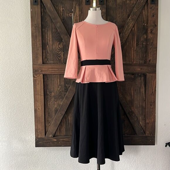 VFSHOW Zipper Front Color Block Peplum Flared Midi Dress for Work Business - Picture 2 of 14